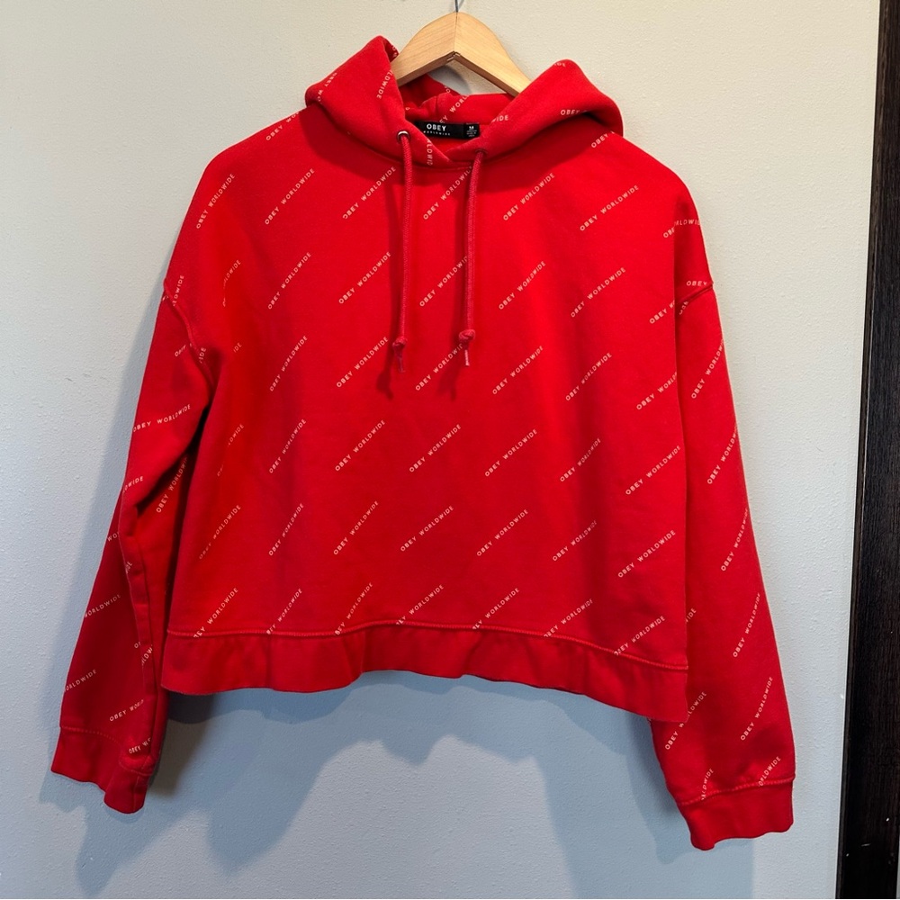 Obey Worldwide Red Sweater Logo Pattern Relaxed Cropped Pullover Outdoor Hoddie